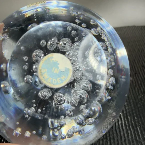 1970s Swedish Ursholt Clear Round Orb Paperweight Witch Ball Bubbles W Labels